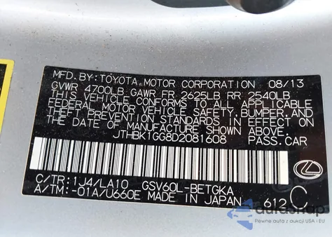 2013 Lexus Es 350 from USA, damaged, VIN JTHBK1GG8D2081608